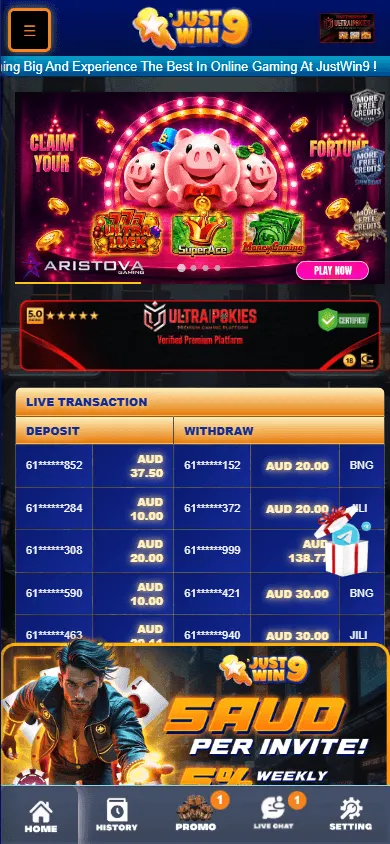 Justwin9 Casino mobile home interface for Android and iOS