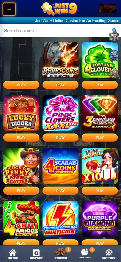 Justwin9 Casino mobile games area with casino and live game categories