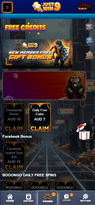 Justwin9 Casino mobile promotions area with the available offers