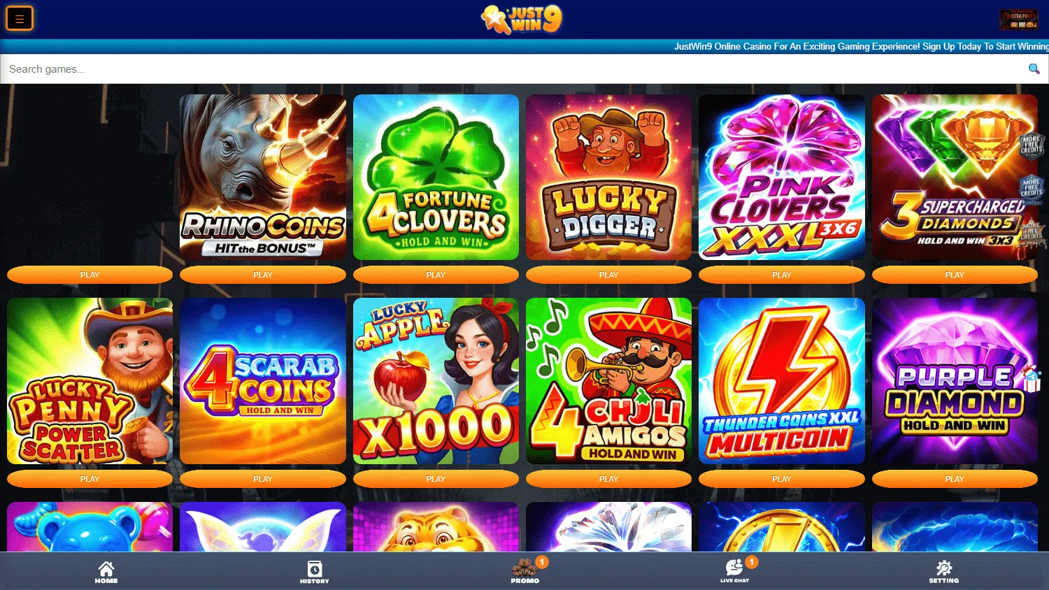 Justwin9 Casino desktop games area with casino and live game categories