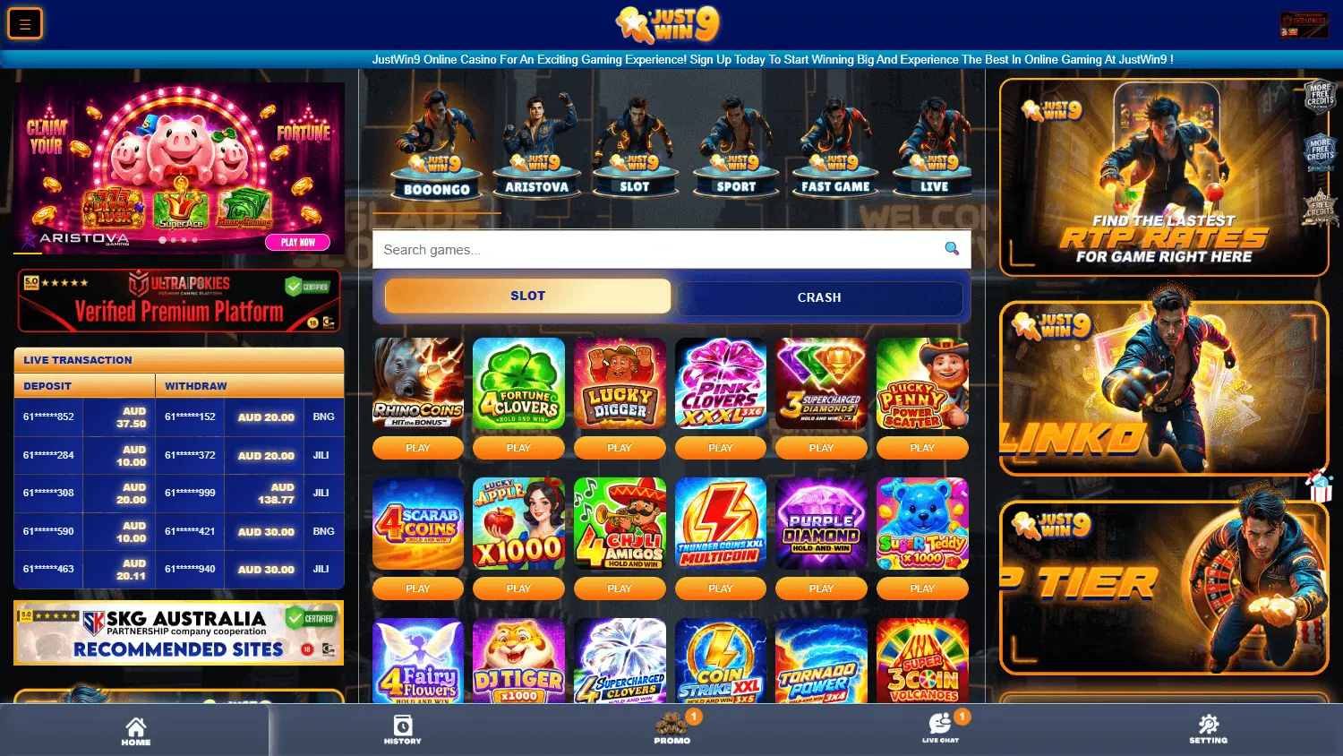 Justwin9 Casino desktop home interface with the main casino offer