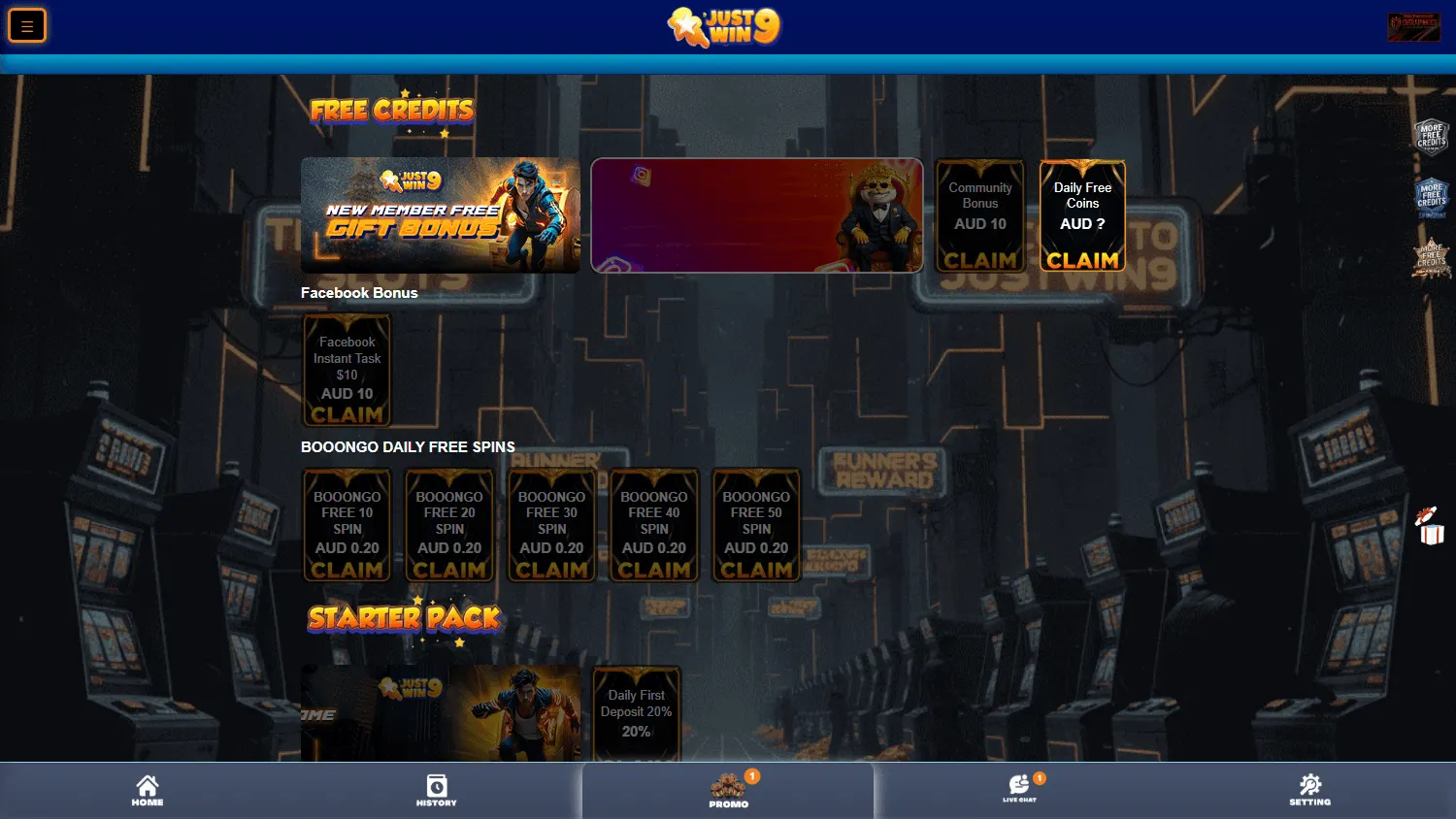 Justwin9 Casino desktop promotions area with the welcome and no deposit offers